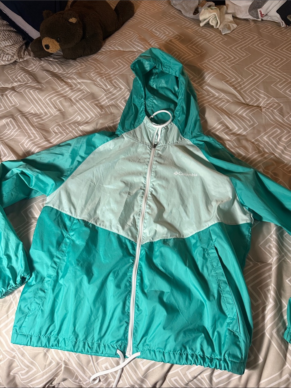 Columbia Teal and Mint Color-Block Hooded Windbreaker